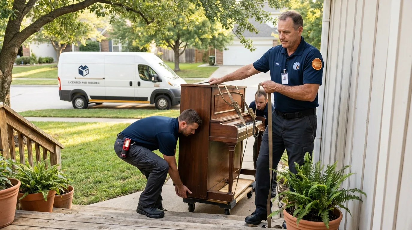 Licensed piano movers securing grand piano in Montvale, NJ