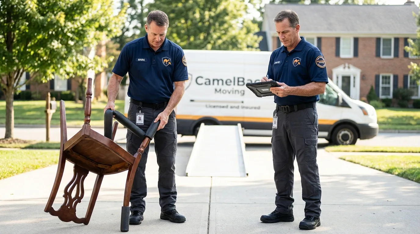Movers inspecting furniture for damage prevention before loading in Montvale, NJ