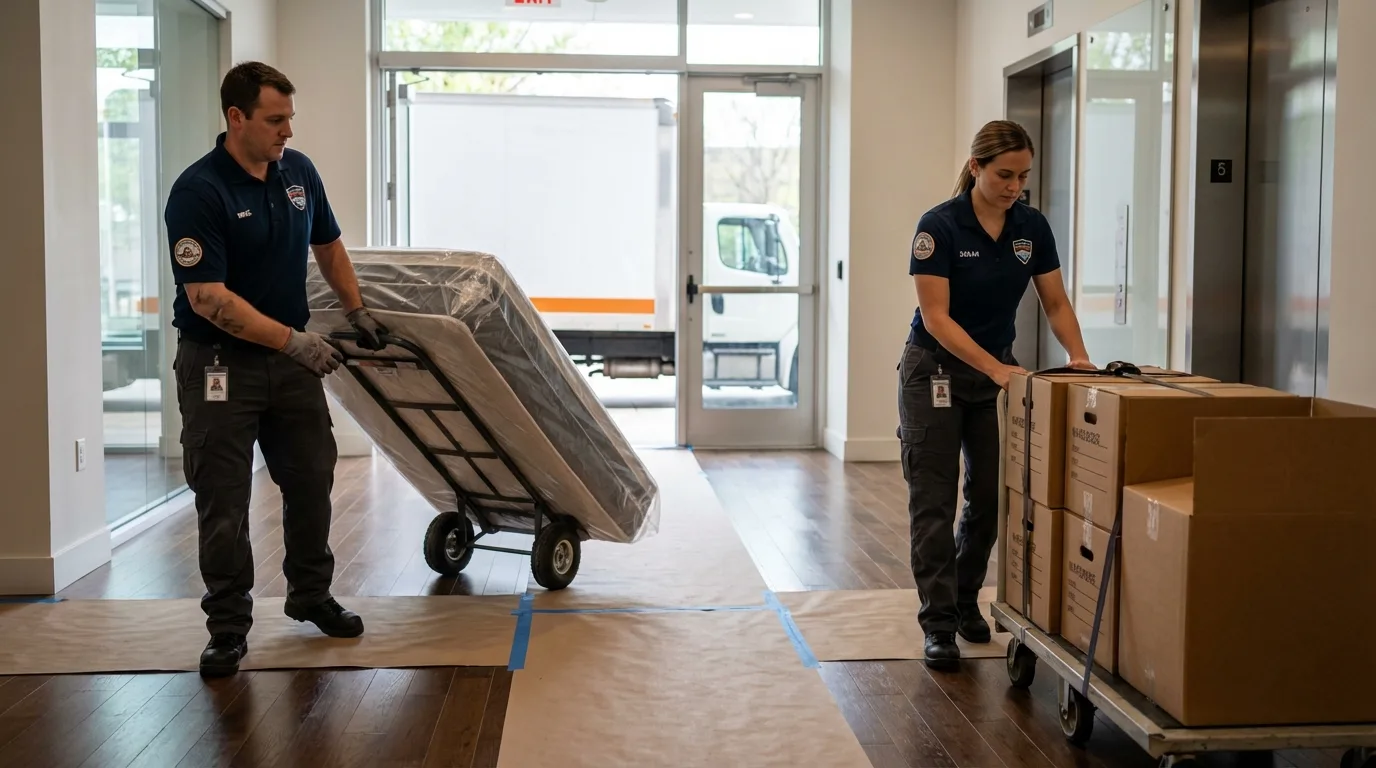Professional apartment movers loading elevator in Montvale, NJ