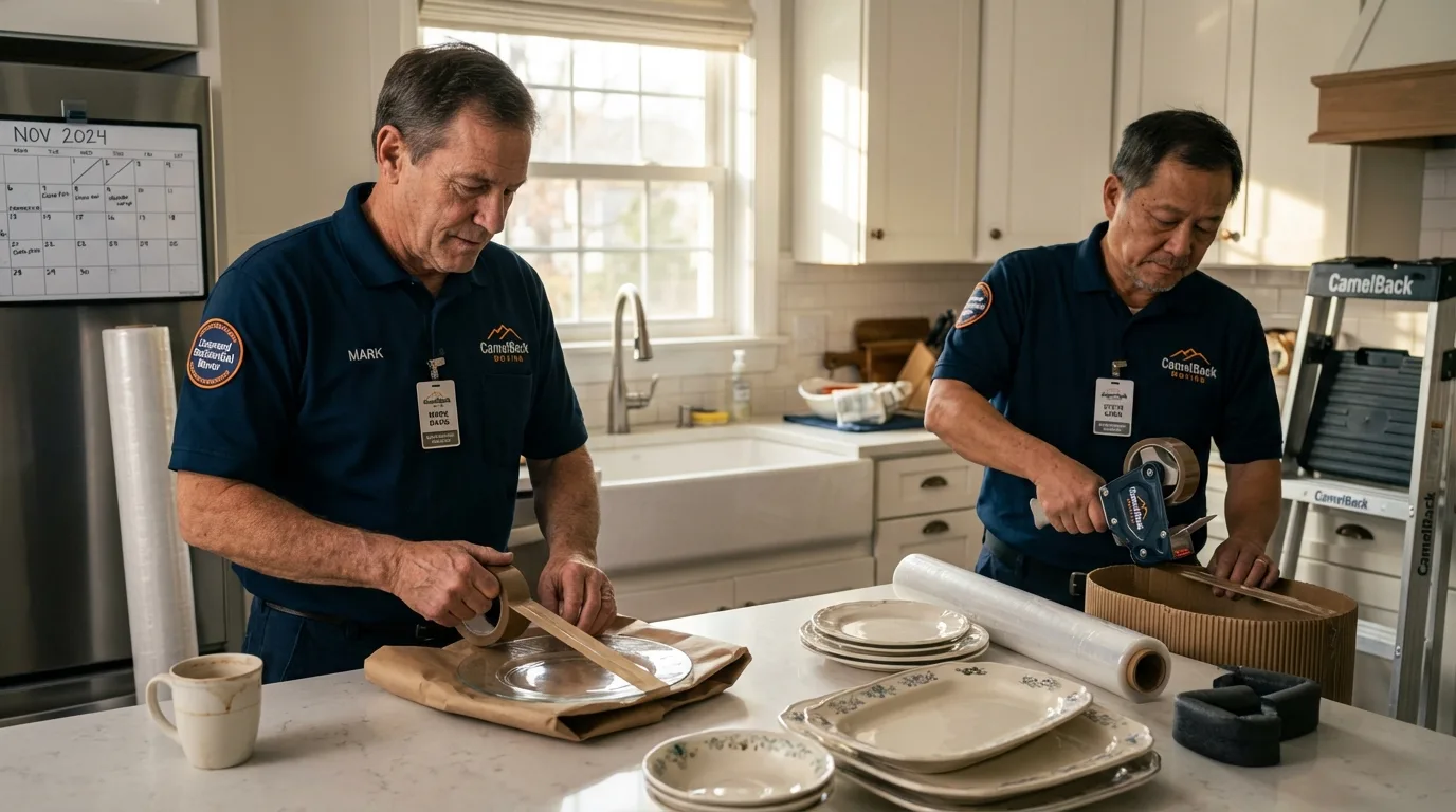 Professional crew packing kitchen dishware in Montvale, NJ